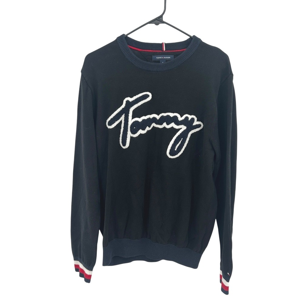 Tommy Hilfiger Script Logo Cotton Knit Sweater M Navy Crewneck Preppy 2000s